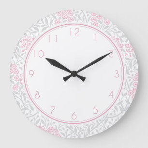 Rosa und graues Blumendamast-Muster Große Wanduhr