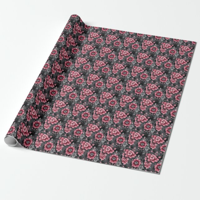 Rosa und graues Blumenmuster Geschenkpapier (Ungerollt)