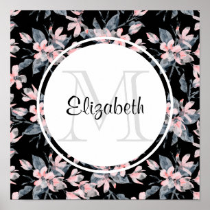 Rosa und graues florales Wasserfarbmuster-Monogram Poster