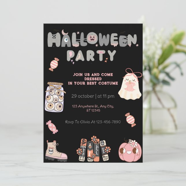 Rosa und graues Halloween-Party Niedlich Ghost & S Einladung (Stehend Vorderseite)
