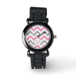 Rosa und graues Zickzack mit Monogramm Armbanduhr