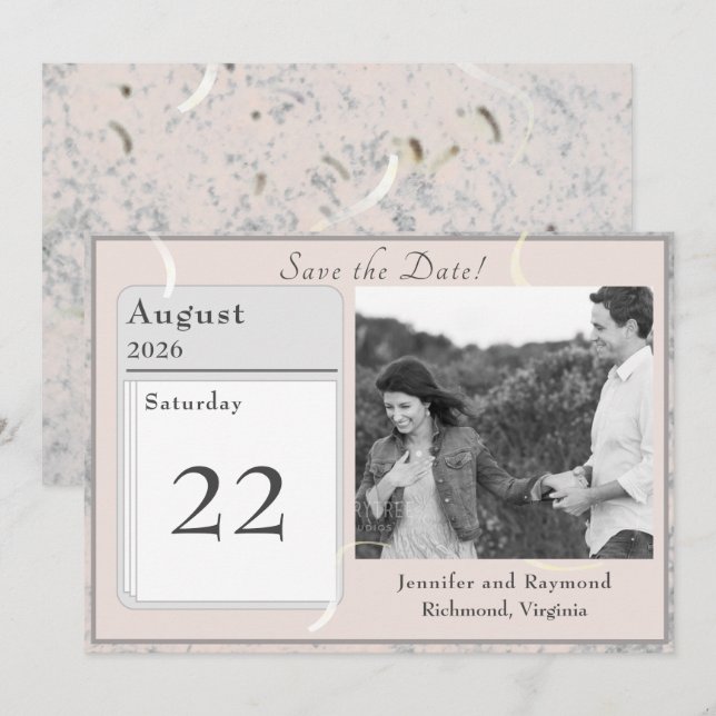 Rosa und graumarmorierte Flachkarte Save the Date (Vorne/Hinten)