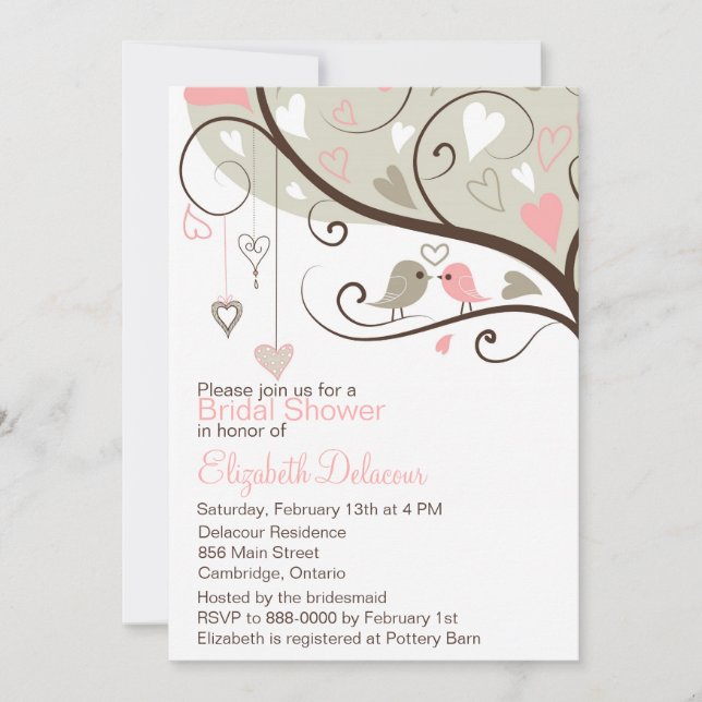 Rosa und Gray Love Birds Bridal Dusche Einladung (Vorderseite)