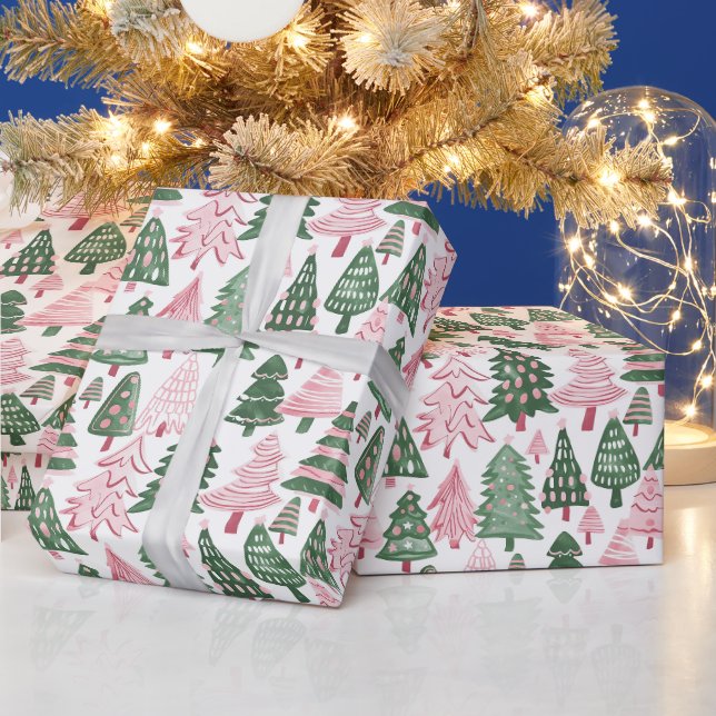 Rosa und grün dekorierte Bäume mit weißem Hintergr Geschenkpapier (Feiertage)