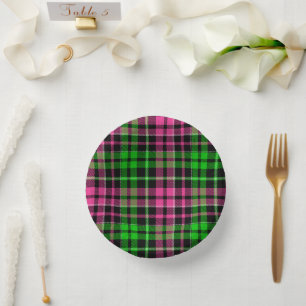 Rosa und grün kariert Tartan Schwarz Pappteller