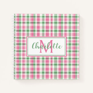 Rosa und grün kariertes Monogramm im Prepper-Stil Notizbuch
