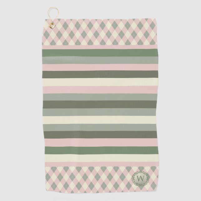 Rosa und grün Mit Monogramm Golfhandtuch (Vorderseite)
