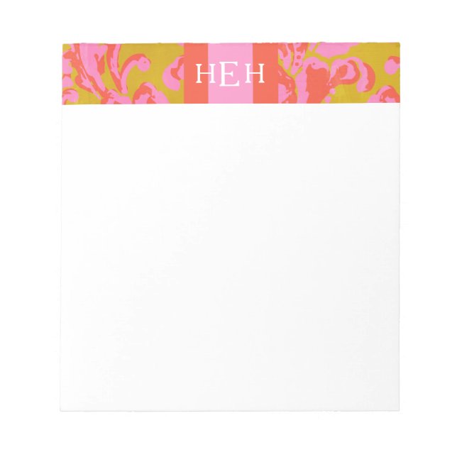 Rosa-und Grün-mit Monogramm mit Blumennotizblock Notizblock (Vorderseite)