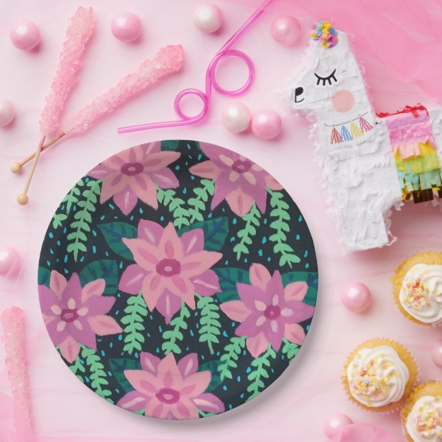 Rosa und grüne Abstrakte Blumendrucke Pappteller (Party)