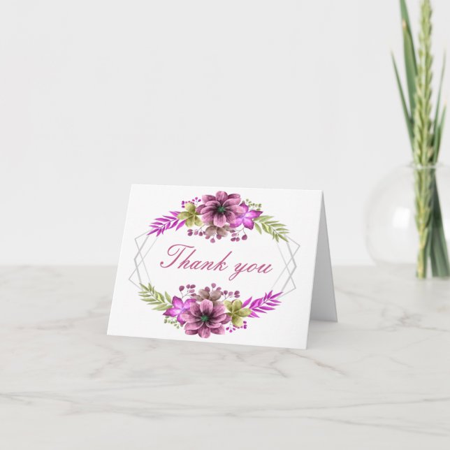 Rosa und grüne Aquarellblume Danke Karte (Vorderseite)
