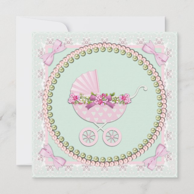Rosa und grüne Babydusche Einladung (Vorderseite)