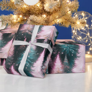 Rosa und grüne Bäume Moderne Weihnachten Geschenkpapier