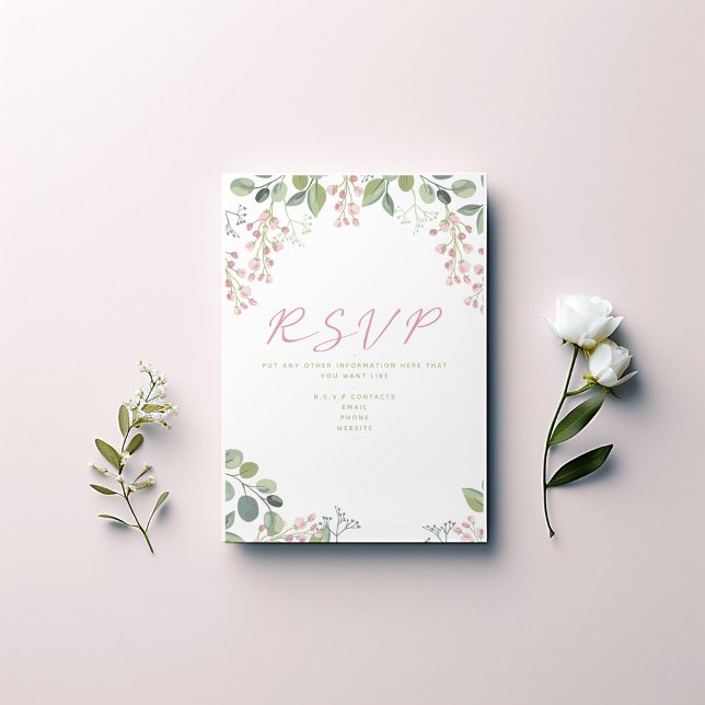 Rosa und grüne Blätter und Blume "UAWG"-Karte Begleitkarte (Pretty wedding RSVP card with pink flowers and olive branches.)