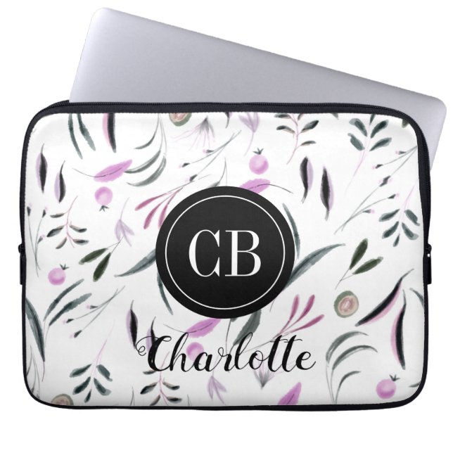 Rosa und grüne Blätter und Obst Monogramm und Name Laptopschutzhülle (Vorderseite)