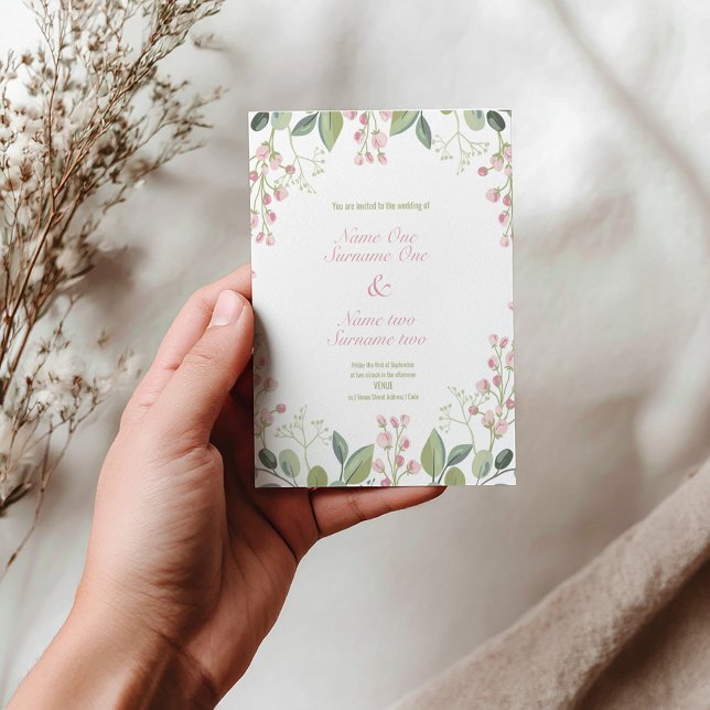 Rosa und grüne Blume Einladungspostkarte (Bright beautiful modern wedding invitation with pink and green flowers and elegant pink script.)