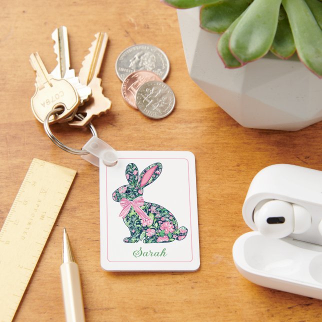 Rosa und grüne BlumenChinoiserie Bunny mit Bow Schlüsselanhänger (Schreibtisch)