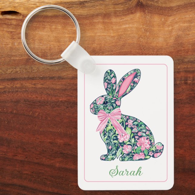 Rosa und grüne BlumenChinoiserie Bunny mit Bow Schlüsselanhänger (Vorderseite)