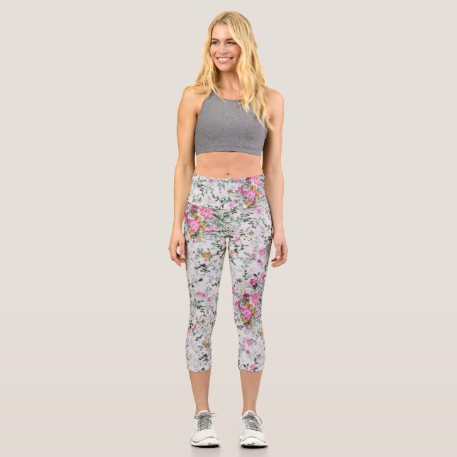 Rosa und grüne Blumengestalt Capri Leggings (Vorderseite)