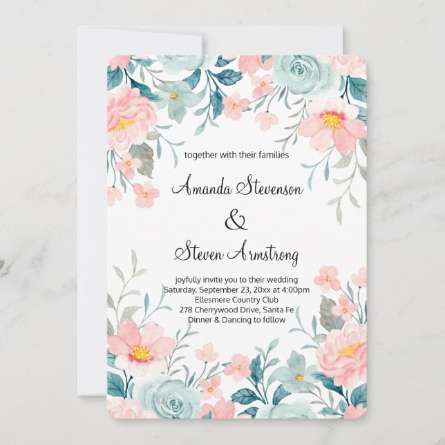 Rosa und grüne Blumengrenze Elegante Hochzeit Einladung (Vorderseite)
