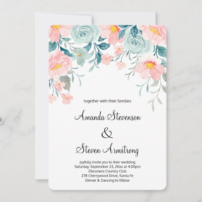 Rosa und grüne Blumengrenze Elegante Hochzeit Einladung (Vorderseite)