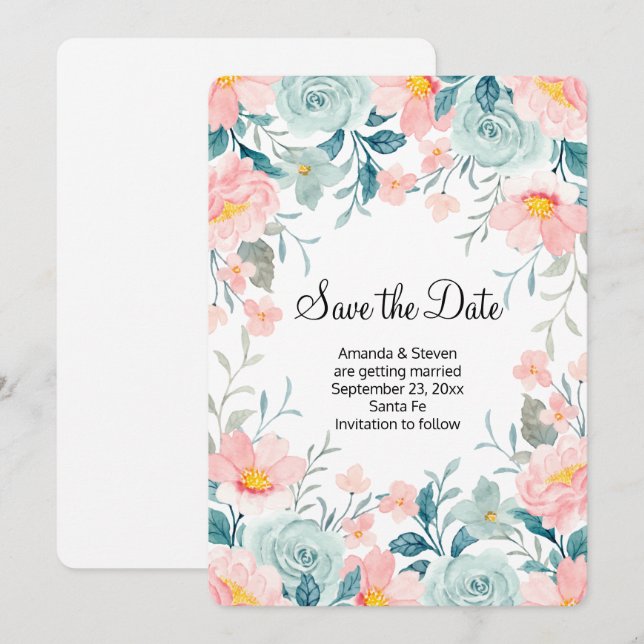 Rosa und grüne Blumengrenze Elegante Hochzeit Save The Date (Vorne/Hinten)