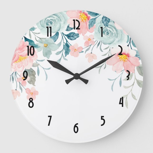 Rosa und grüne Blumenrinnen Große Wanduhr (Vorderseite)
