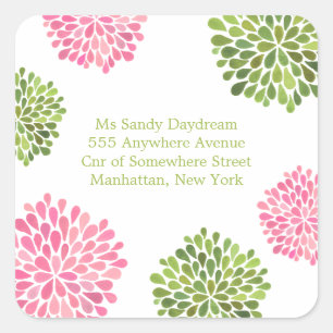Rosa und grüne Blüten Anschrift Hochzeitsticker fü Quadratischer Aufkleber