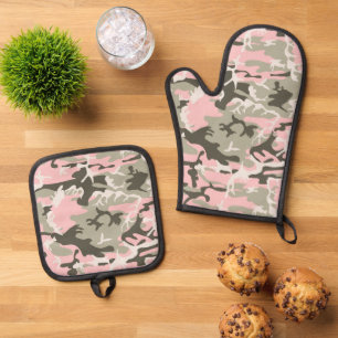 Rosa und grüne Camouflage, Militär, Armee Ofenhandschuh & Topflappen-Set