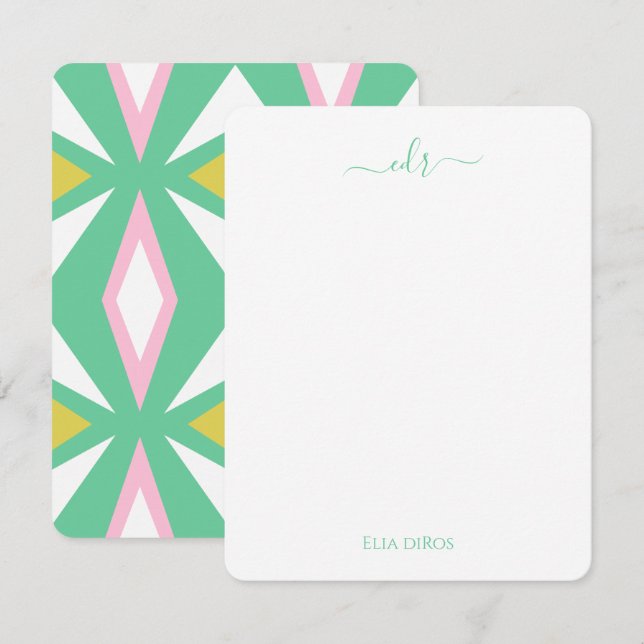 Rosa und grüne Diamantmonogramm-Karte Mitteilungskarte (Vorne/Hinten)
