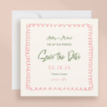 Rosa und grüne, farbenfrohe Square Hochzeit Save The Date<br><div class="desc">Rosa und grüner französischer Spaß Hochzeitsfeiern 70er retten das Datum</div>