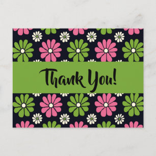 Rosa und grüne Flora in Schwarz Danke Postcard Postkarte