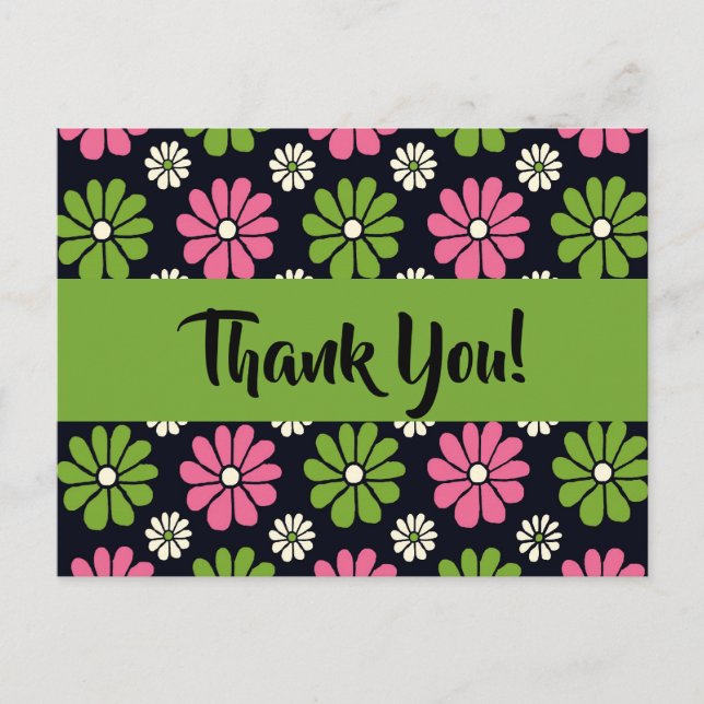 Rosa und grüne Flora in Schwarz Danke Postcard Postkarte (Vorderseite)