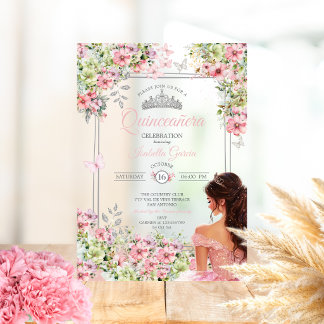 Rosa und grüne florale Schmetterlings-Quinceañera Acryleinladungen