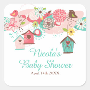 Rosa und grüne florale Vogelkäfige Baby Shower Quadratischer Aufkleber