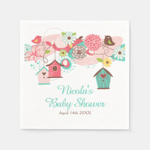 Rosa und grüne florale Vogelkäfige Baby Shower Serviette