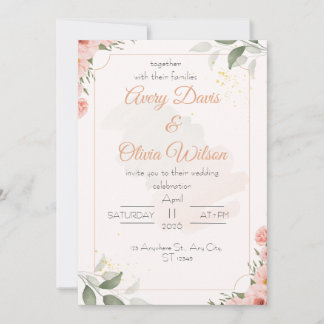 Rosa und grüne Florale Wasserfarben-Hochzeitseinla Einladung