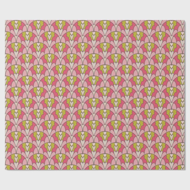 Rosa und grüne gewellte Herzen Geschenkpapier (Flach)