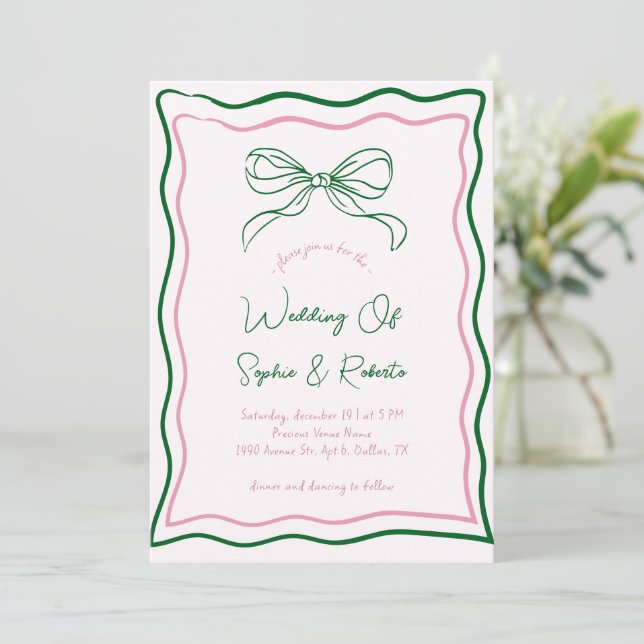 Rosa und grüne Hand Drawn Retro Bow Französisch Ho Einladung (Stehend Vorderseite)