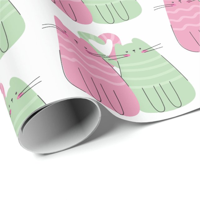 Rosa und grüne Hochzeitskatzen Liebe Geschenkpapier (Rolleneckpunkt)