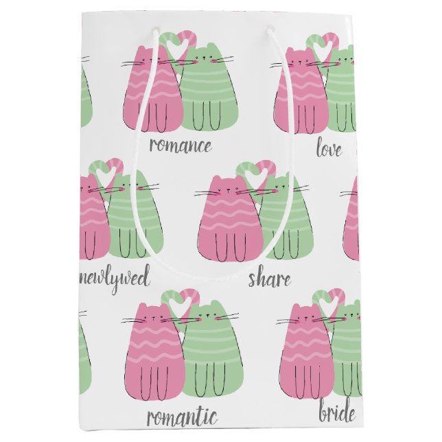 Rosa und grüne Hochzeitskatzen Mittlere Geschenktüte (Vorderseite)