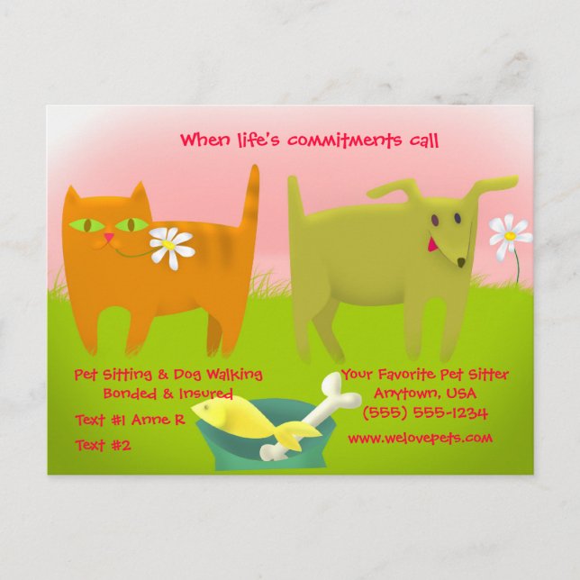 Rosa und grüne Katze und Hunde Sitzen Postkarte (Vorderseite)