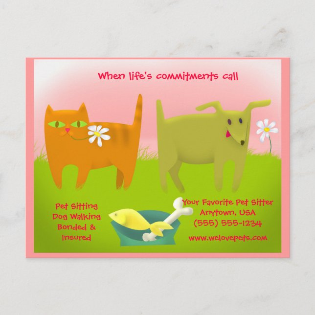 Rosa und grüne Katze und Hunde Sitzen Postkarte (Vorderseite)