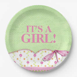 Rosa und grüne Libellen-Babyparty Pappteller