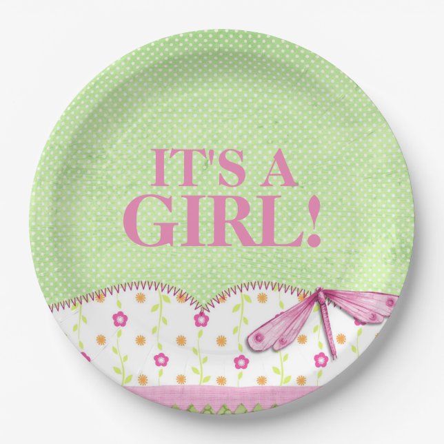 Rosa und grüne Libellen-Babyparty Pappteller (Vorderseite)