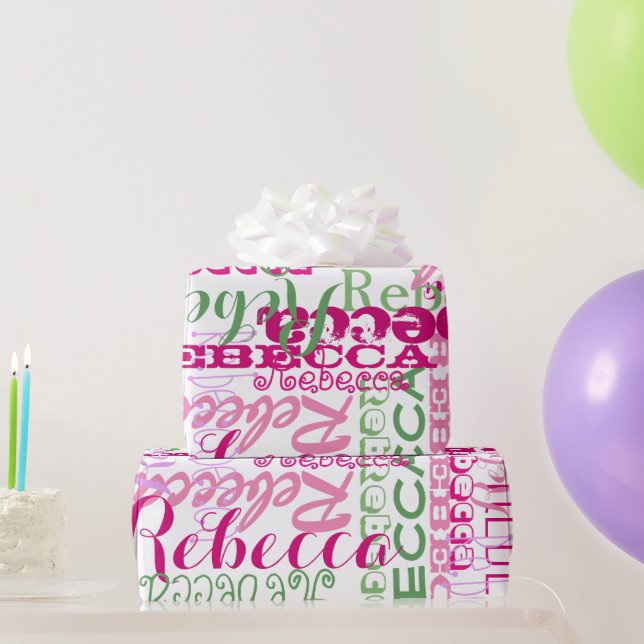 Rosa und grüne Mädchen Name Collage Allover Print Geschenkpapier (Partygeschenke)