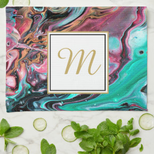 Rosa und grüne Marmor-Monogramm Geschirrtuch