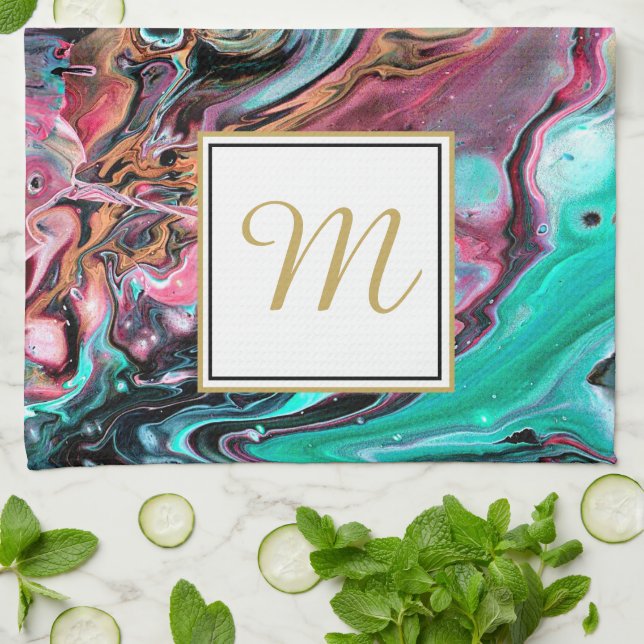 Rosa und grüne Marmor-Monogramm Geschirrtuch (Gefaltet)