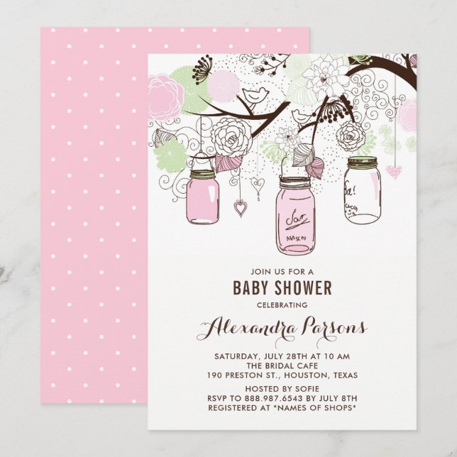 Rosa und grüne Mason Jars Blumenjungen Dusche Einladung (Vorne/Hinten)