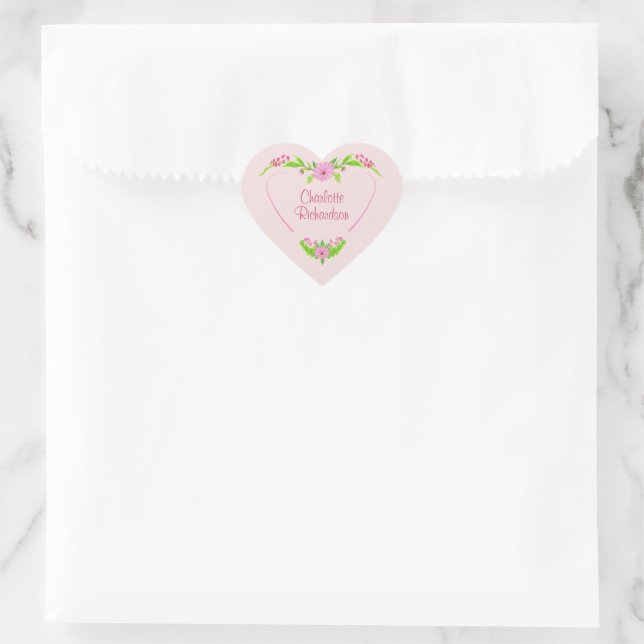 Rosa und grüne Nostalgie, florale Herzstickerin Herz-Aufkleber (Tasche)