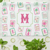 Rosa und grüne Palm-Beach-Mahjong-Kacheln-Monogram